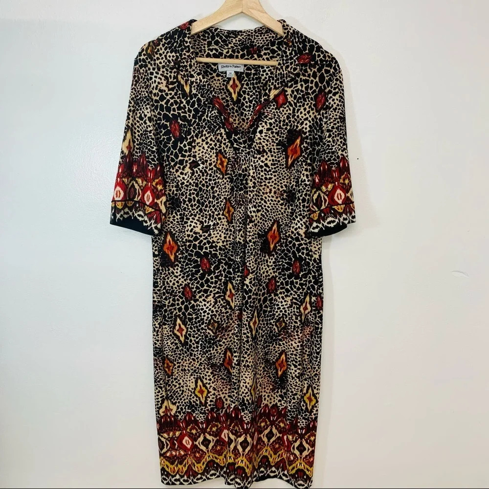 Shelby Palmer Knit Dress 14 Knit Dark Brown Animal Print Shift Knee Length